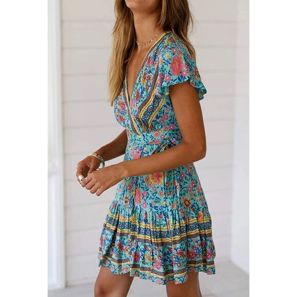 NEW R.Vivimos Wrap Bohemian Ruffle Floral Short Sun Dress XS 0-2 - Picture 2 of 5